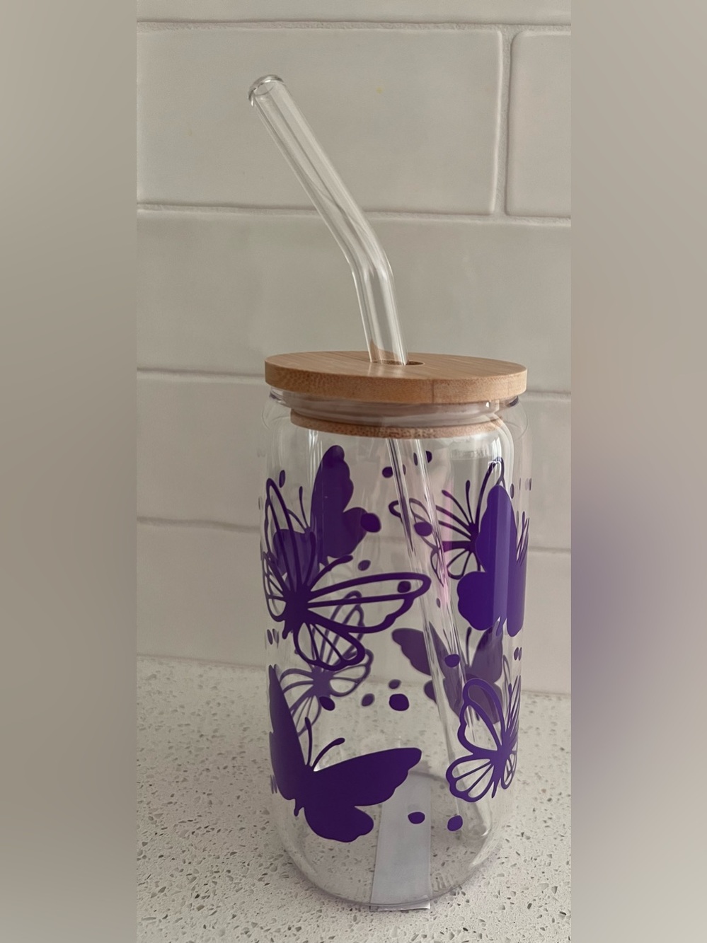 Handmade Purple Butterfly Glass Tumbler - Bamboo Lid Glass Straw